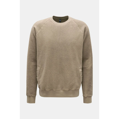 Men's taupe PF crewneck sweatshirt in soft fabric, featuring a classic fit and subtle branding, shown on a hanger.
