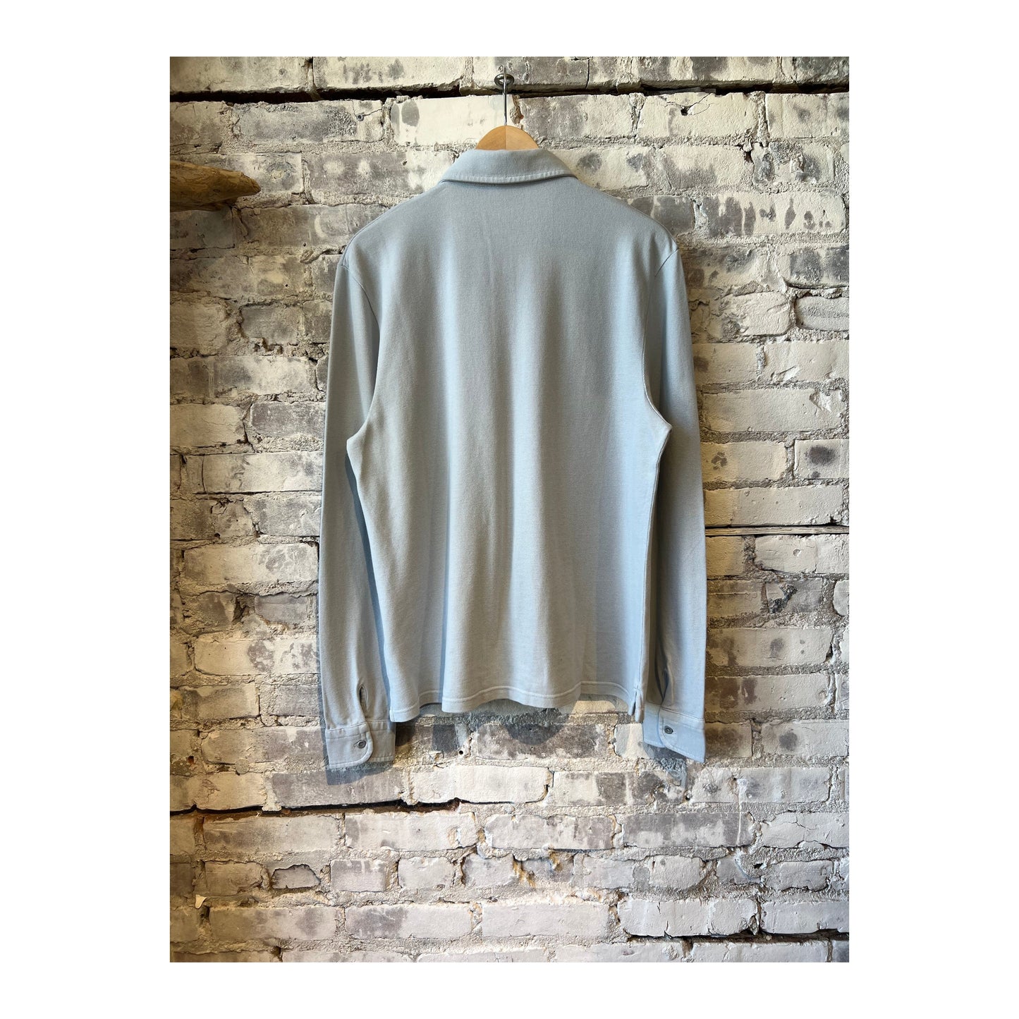Men's Piqué Slim Collar Shirt in Sky color by 04651, shown with a close-up of the fabric and collar detail.
