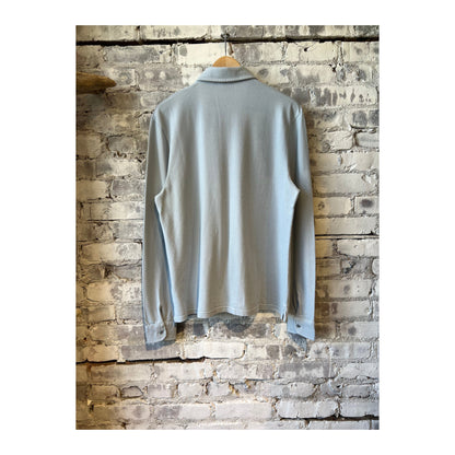 Men's Piqué Slim Collar Shirt in Sky color by 04651, shown with a close-up of the fabric and collar detail.