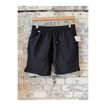 Men's black swim shorts with an elastic waistband and side pockets, perfect for beach or poolwear.