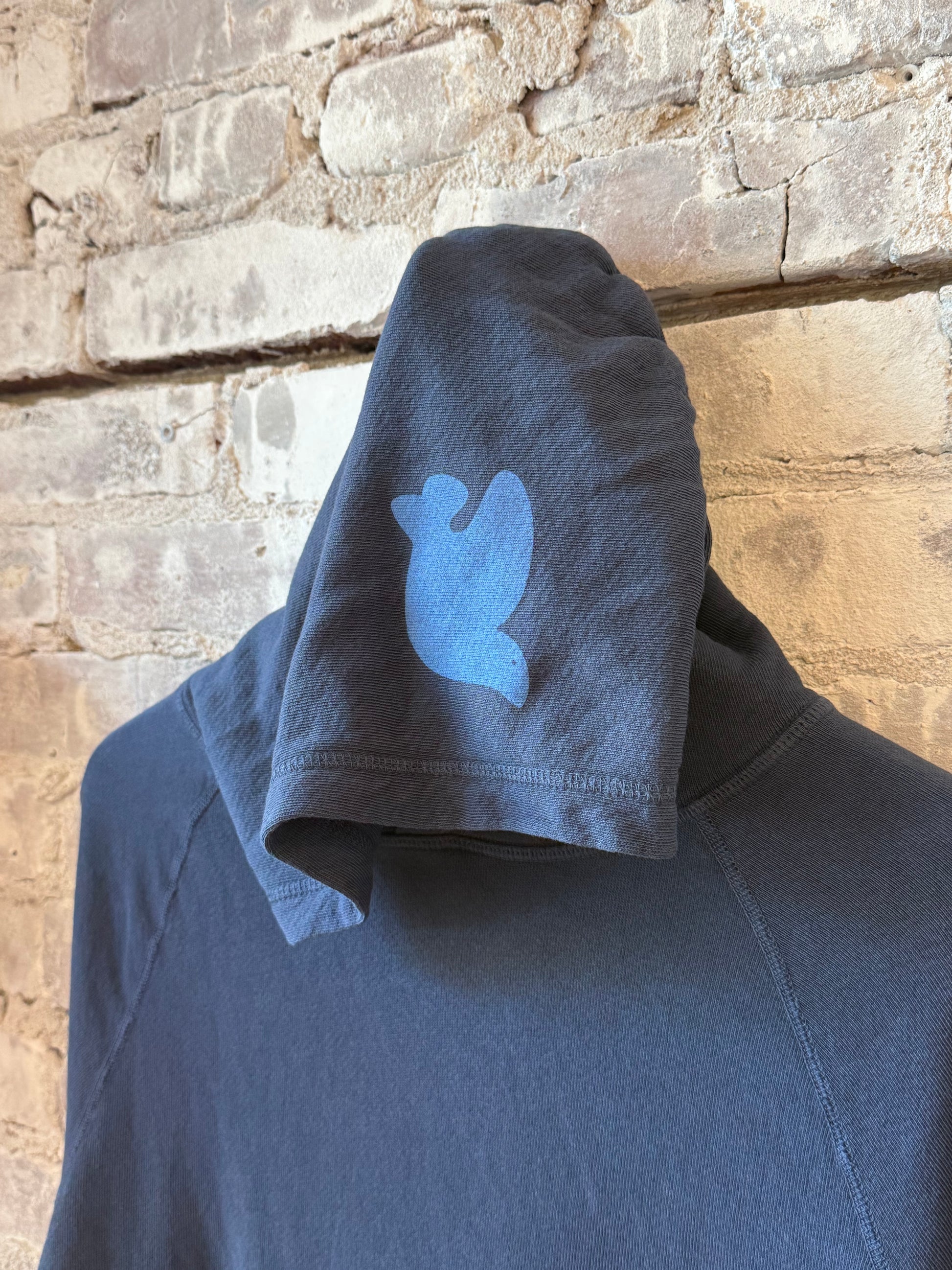 Women's Freecity BASICGOODNESS LT Terry Fluff Hoodie in Moonshrooms Blue, showcasing a cozy, textured terry fabric hoodie with mushroom print design.