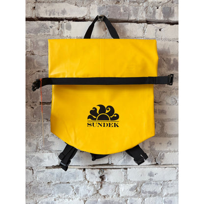 Men's summer yellow Sundek 20-liter water-resistant technical backpack with multiple compartments and padded shoulder straps.