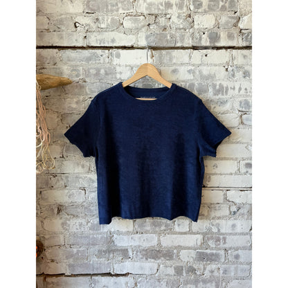 Women's organic cotton terry semi-relaxed crewneck top by Majestic Filatures in blue moon color, showing the front view.