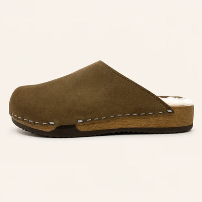 Kunsten Clogs Ella Suede/Lambswool Clog - Umber/White Wool Seashell