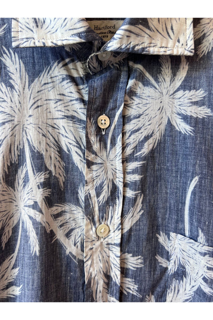 Paul Palm Tree Print Cotton Shirt - Navy - DUNE + SALT