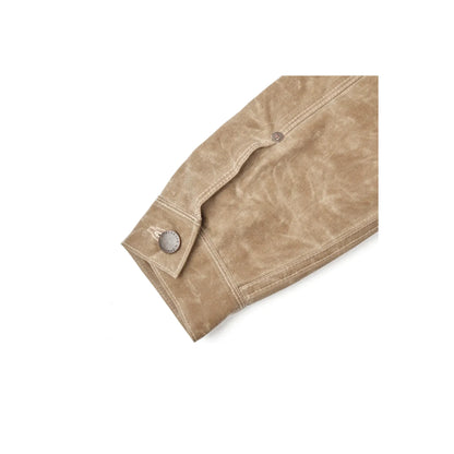 Men's waxed canvas riders jacket in tobacco brown by Freenote Cloth, showing the rugged, durable exterior and classic design.