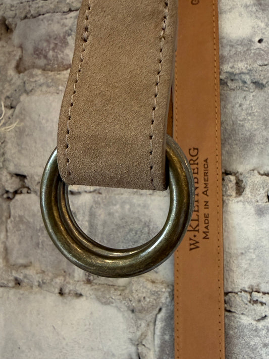 Men's whiskey suede calf leather belt with 1-1/8-inch O-ring buckle by W. Kleinberg, showcasing the textured suede finish.