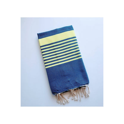 Wonderfouta Turkish beach towel sarong in king blue and fluorescent yellow, showcasing vibrant colors and lightweight fabric.