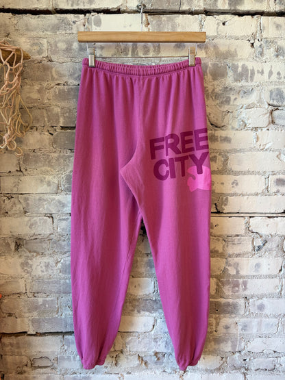 Freecity women's large pink sweatpants with pinkshroom pattern, relaxed fit and cozy fabric, displayed on a neutral background.