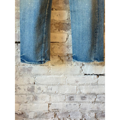 Women's 13.5oz Selvedge Denim used ankle cut jeans by Chimala with medium distress and faded detailing.