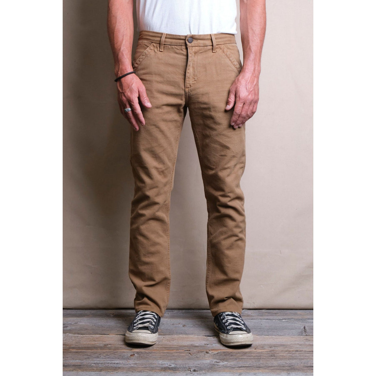 Men's 14-ounce tan slub worker's chino pants by Freenote Cloth, featuring durable fabric and classic fit for casual wear.