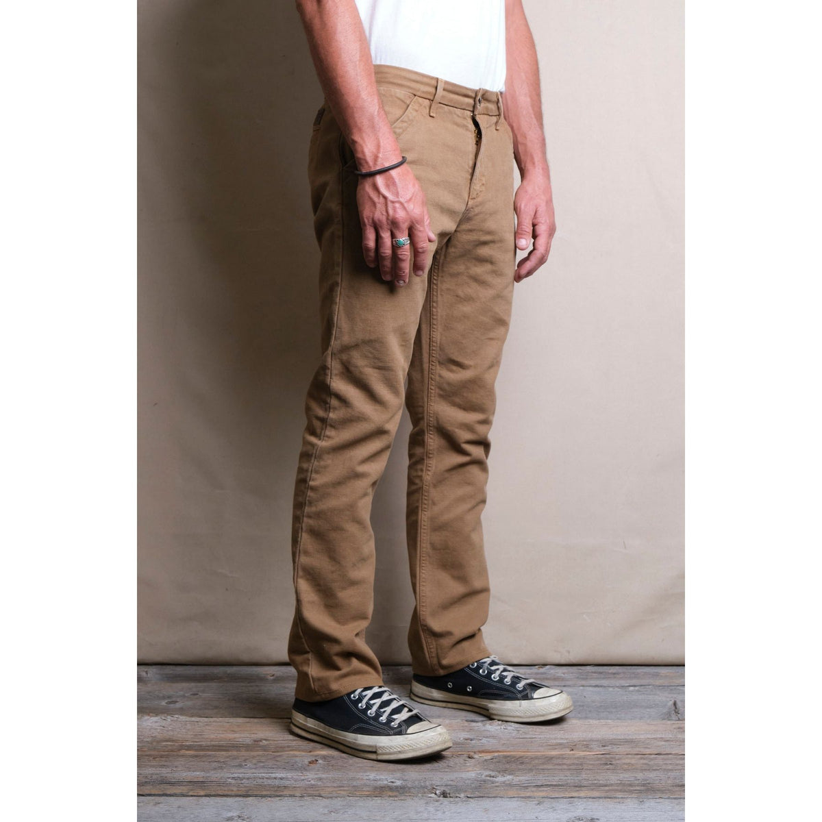 Men's 14-ounce tan slub workwear chino by Freenote Cloth, featuring durable fabric and classic fit for casual or workwear style.