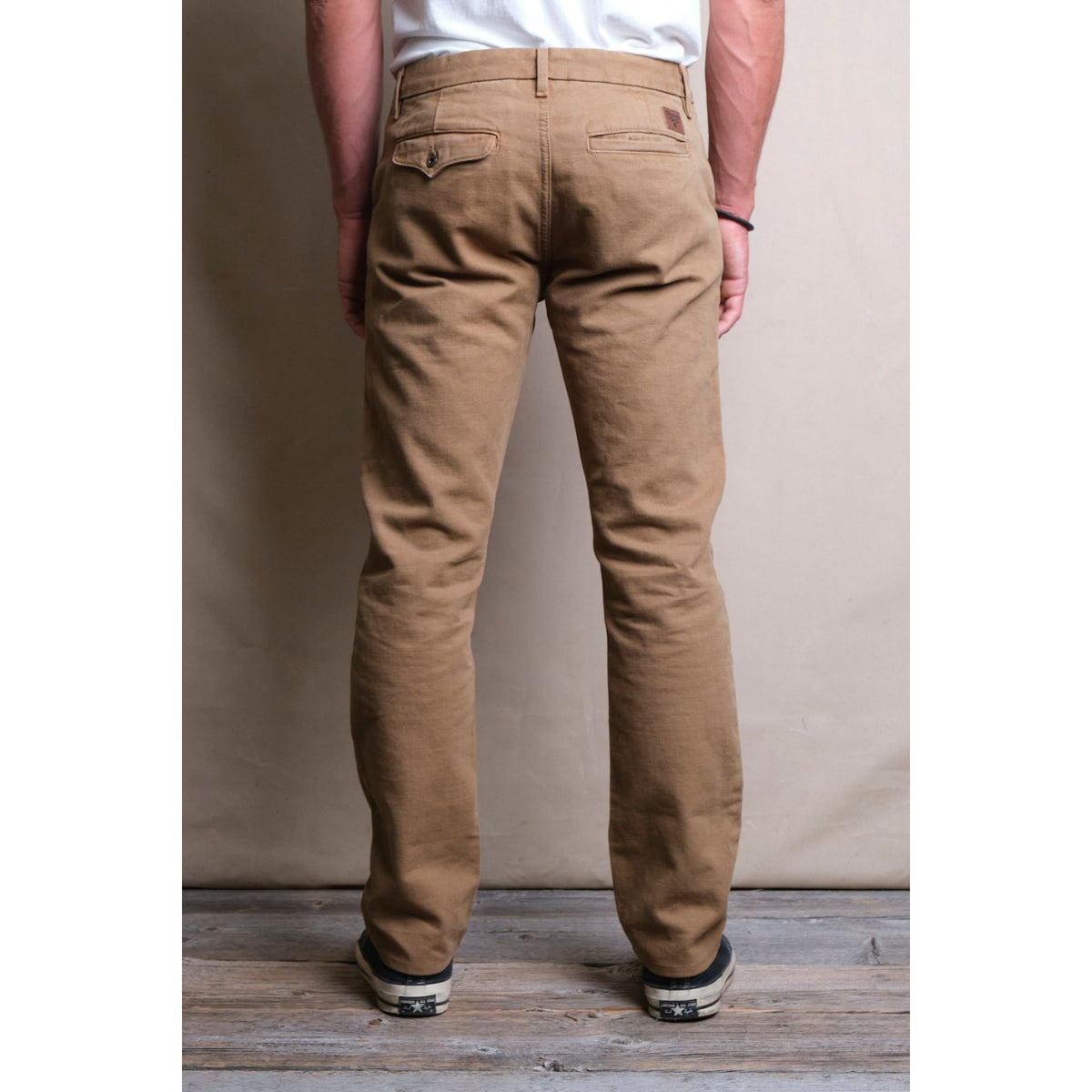 Men's 14 oz tan slub worker's chino by Freenote Cloth, showcasing rugged cotton fabric and classic fit design.