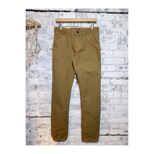 Men's 14 oz tan slub worker's chino pants by Freenote Cloth, featuring durable fabric and classic fit for casual workwear.