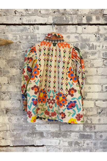 Smocked Shirt - Custard Embroidered Floral