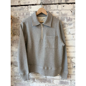 Men's grey melange fleece polo collar half-zip cotton sweatshirt by Merz b. Schwanen, showing the fleece texture and half-zip neckline.