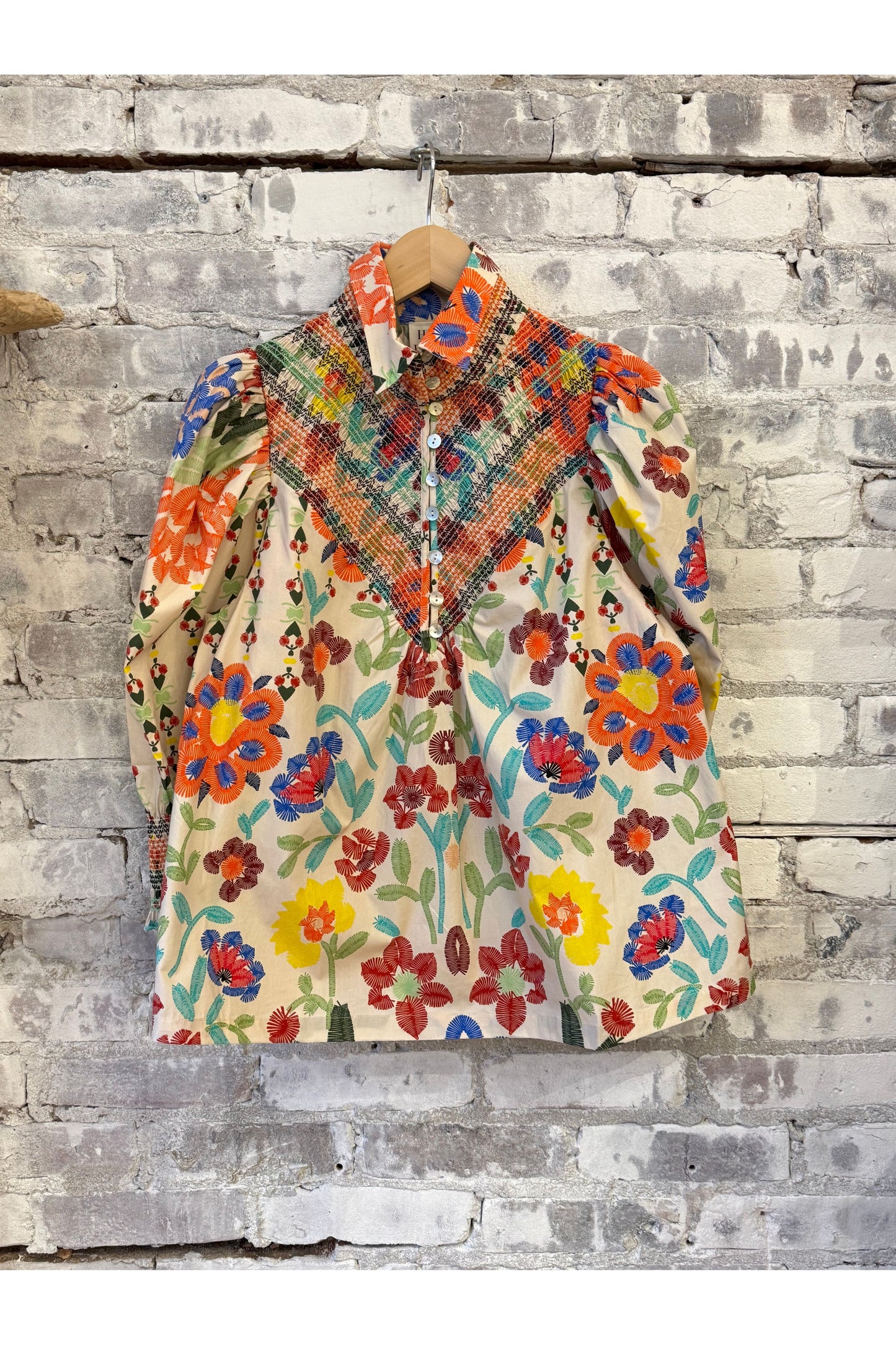 Smocked Shirt - Custard Embroidered Floral