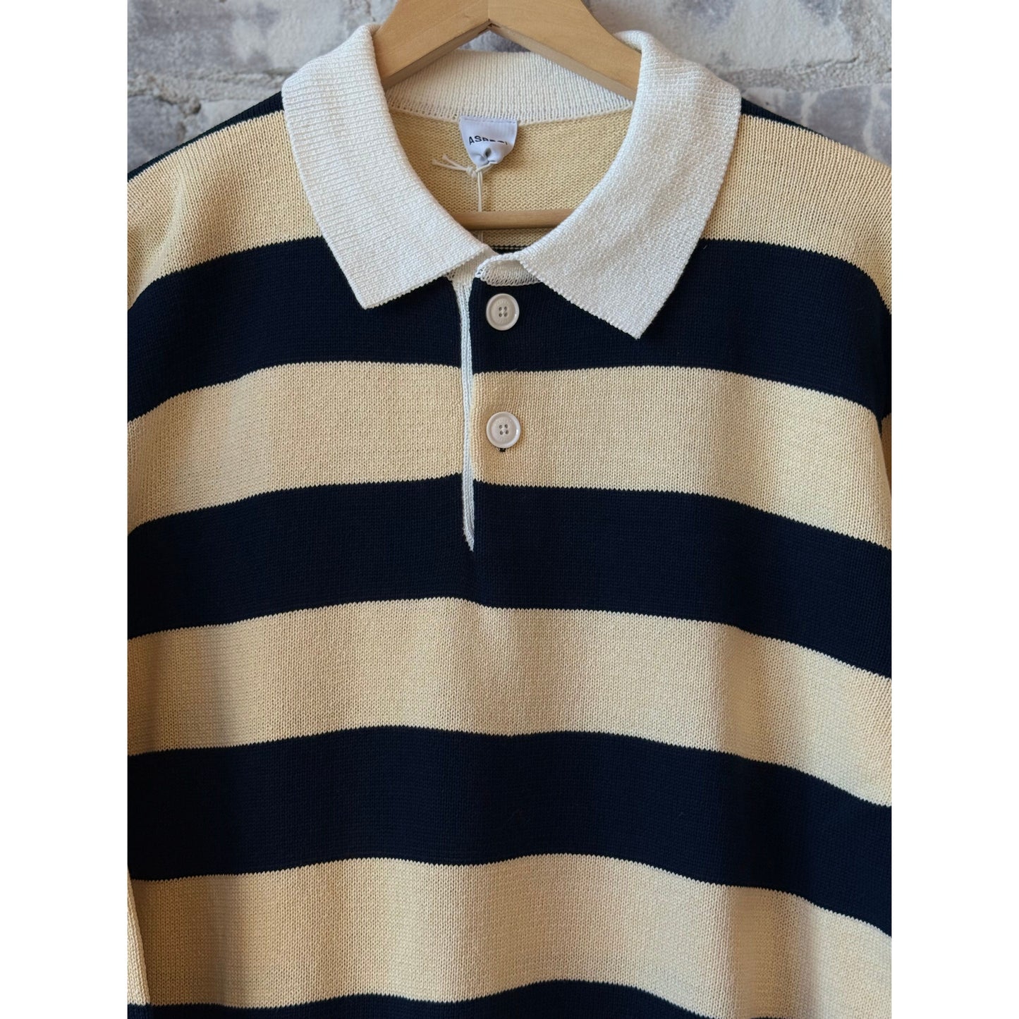 Men's cotton-yarn longsleeve polo shirt by Aspesi in Corda blue, featuring a classic collar and button placket.
