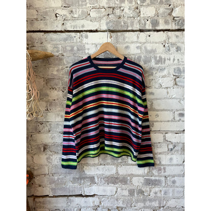 Women's Majestic Filatures extrafine cashmere crew sweater with navy and white stripe pattern, relaxed fit, long sleeves.
