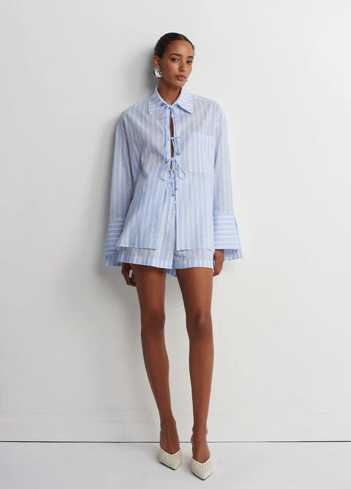 Sicilia Linen Shorts - Blue White Stripe - DUNE + SALT