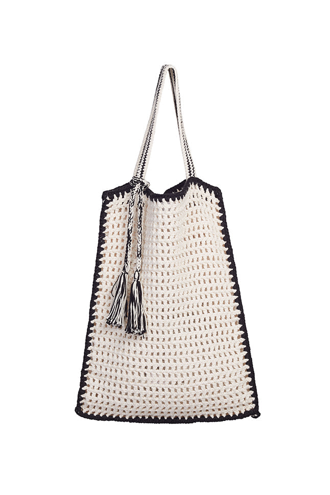Vera Crochet Tote Bag - Ivory w/ Black Tipping