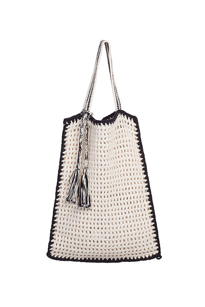 Vera Crochet Tote Bag - Ivory w/ Black Tipping