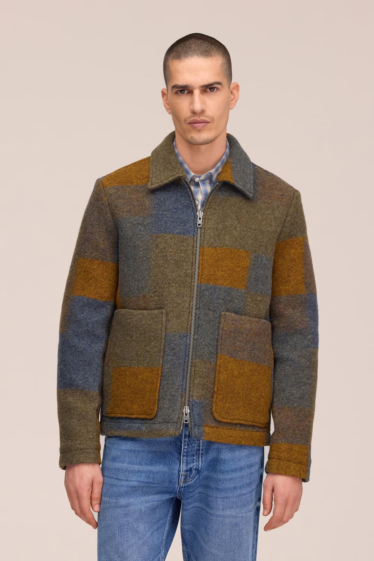 NN07 Gael Wool Blend Jacket - Brown Check Light Gray