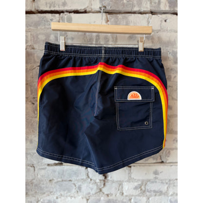 Men's Sundek Iconic Taffeta Elastic Waist Boardshort in vintage dark navy, showing the lightweight fabric and comfortable fit.