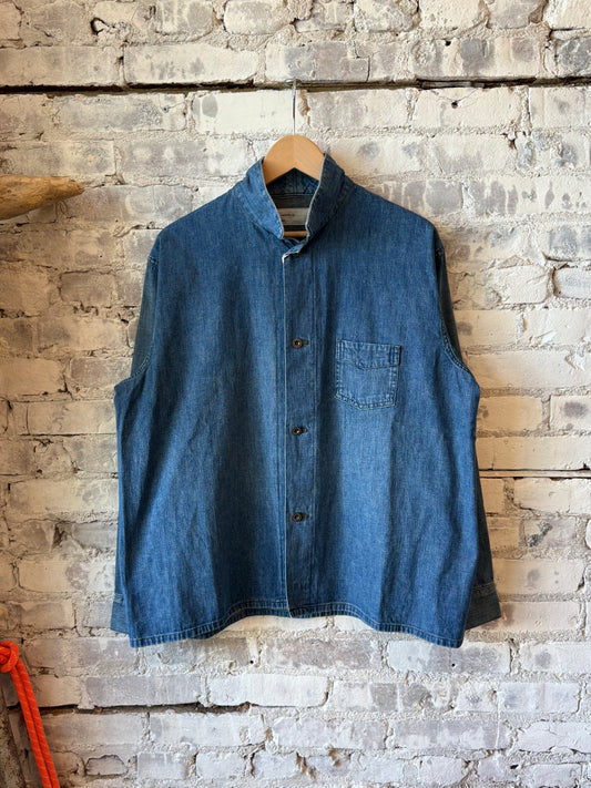 Unisex 8oz Indigo Denim Work Shirt by Chimala, men's military-style work shirt with rugged denim fabric and button-front design.