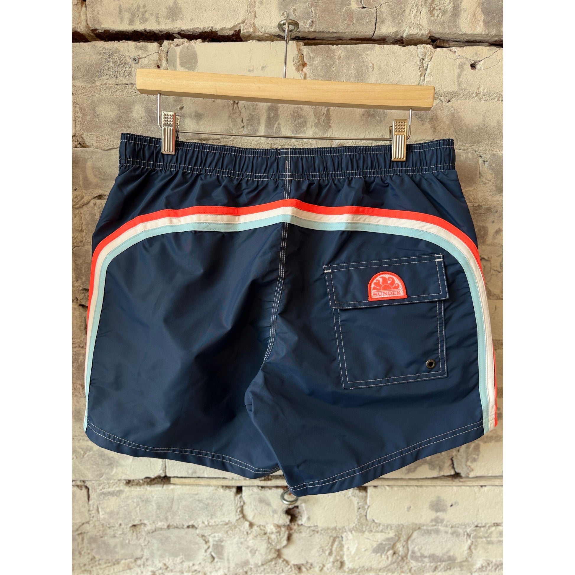 Men's navy taffeta elastic waist boardshort by Sundek, featuring a comfortable fit and stylish design for beach and swimwear.