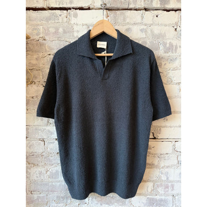 Men's Cotton Knit Polo in Magma Black by Closed Men's, featuring a classic polo collar and textured knit fabric.