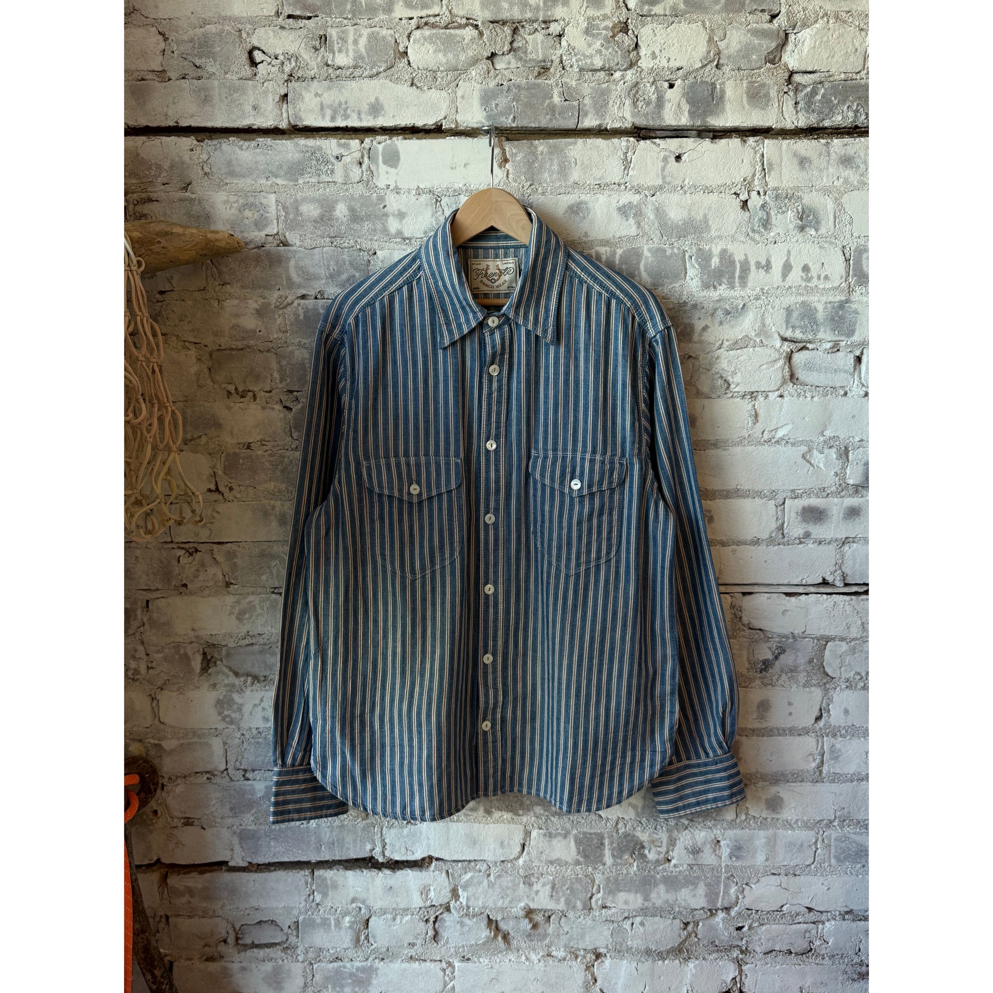 Men's Bodie Acorn Pocket Shirt by Freenote Cloth in selvedge stripe fabric, featuring a chest pocket and button-down collar.
