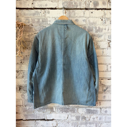 Men's 9oz denim coveralls by H-Unit in light indigo wash, featuring front pockets and adjustable straps.