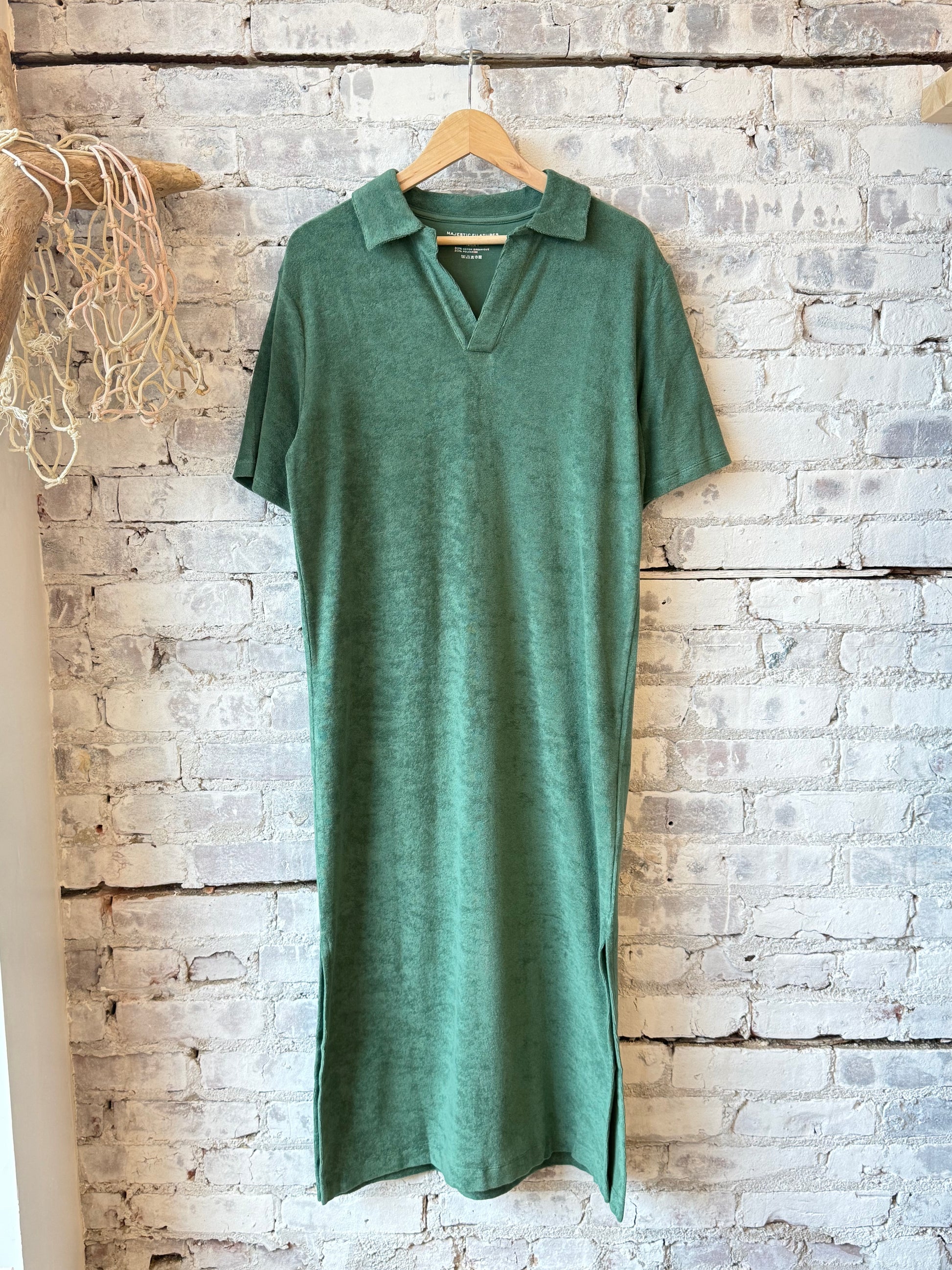 Organic Cotton Terry Elbow Sleeve Polo Maxi Dress - Agave - DUNE + SALT