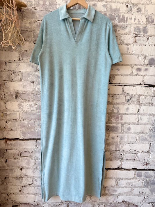 Organic Cotton Terry Elbow Sleeve Polo Maxi Dress - Blue Calanques - DUNE + SALT