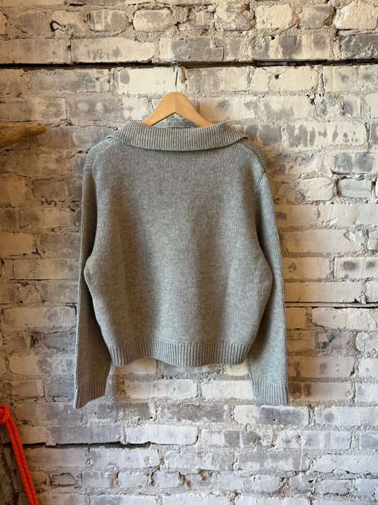 Women's grey long sleeve Henley sweater by Secular, featuring a casual fit with buttoned neckline and soft knit fabric.