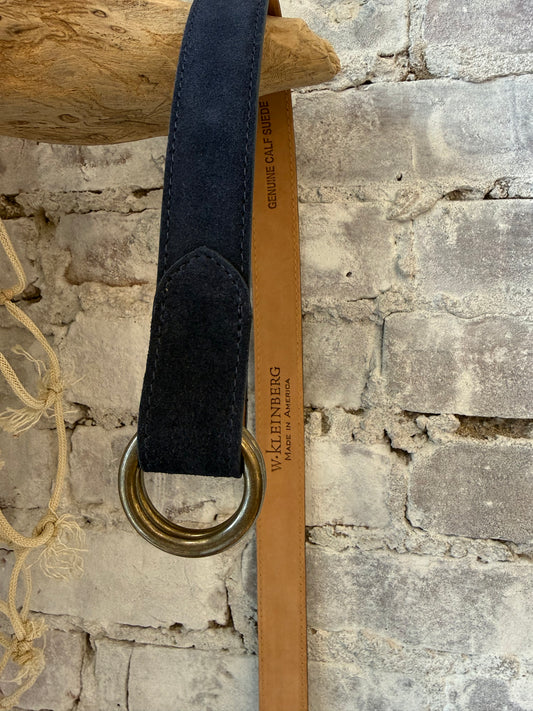 Men's navy suede calf O-ring belt by W. Kleinberg, featuring a sleek 1-1/8 inch width and stylish O-ring buckle detail.