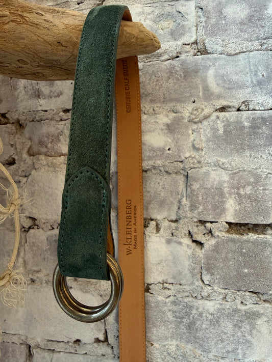 Men's 1-1/8-inch suede calf O-ring belt in grass green by W. Kleinberg, featuring a stylish O-ring buckle and textured suede finish.