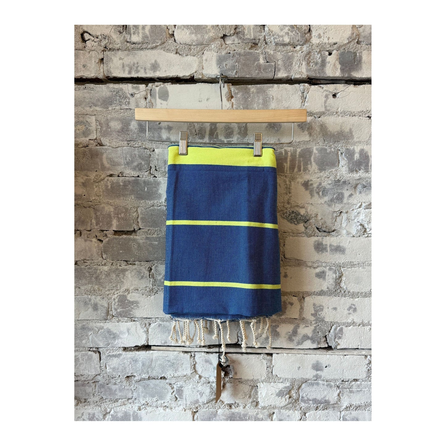 Wonderfouta Turkish beach towel sarong in king blue and fluorescent yellow, showcasing vibrant, lightweight home accessories.