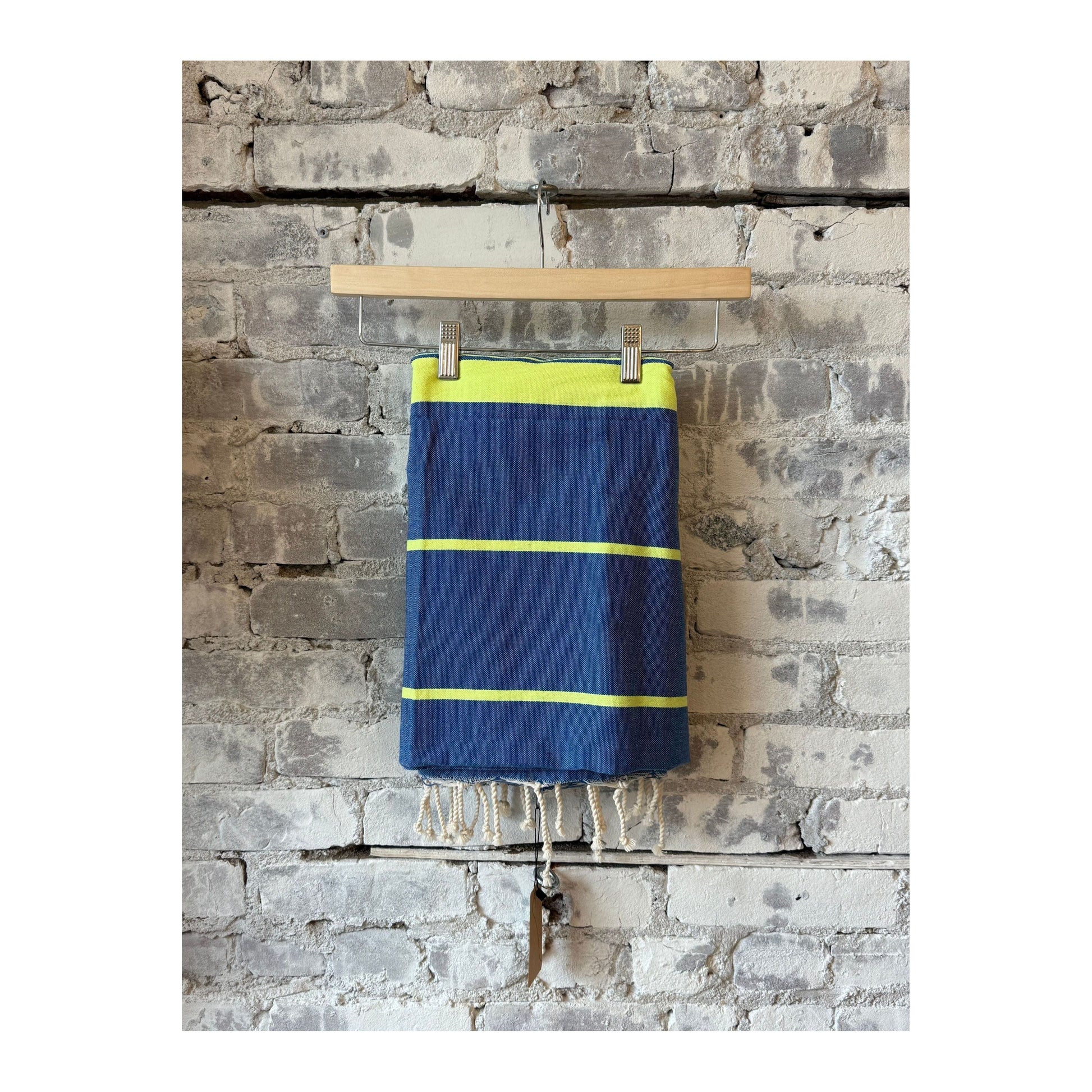 Wonderfouta Turkish beach towel sarong in king blue and fluorescent yellow, showcasing vibrant, lightweight home accessories.