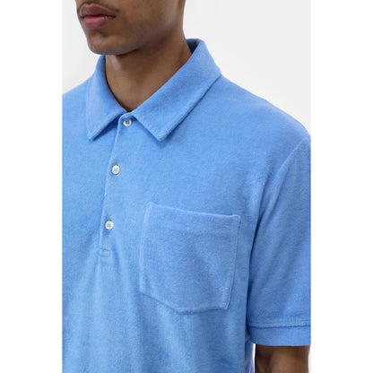 Men's sky blue short sleeve polo shirt by Closed Men's, shown flat with collar and buttons, casual and comfortable style.