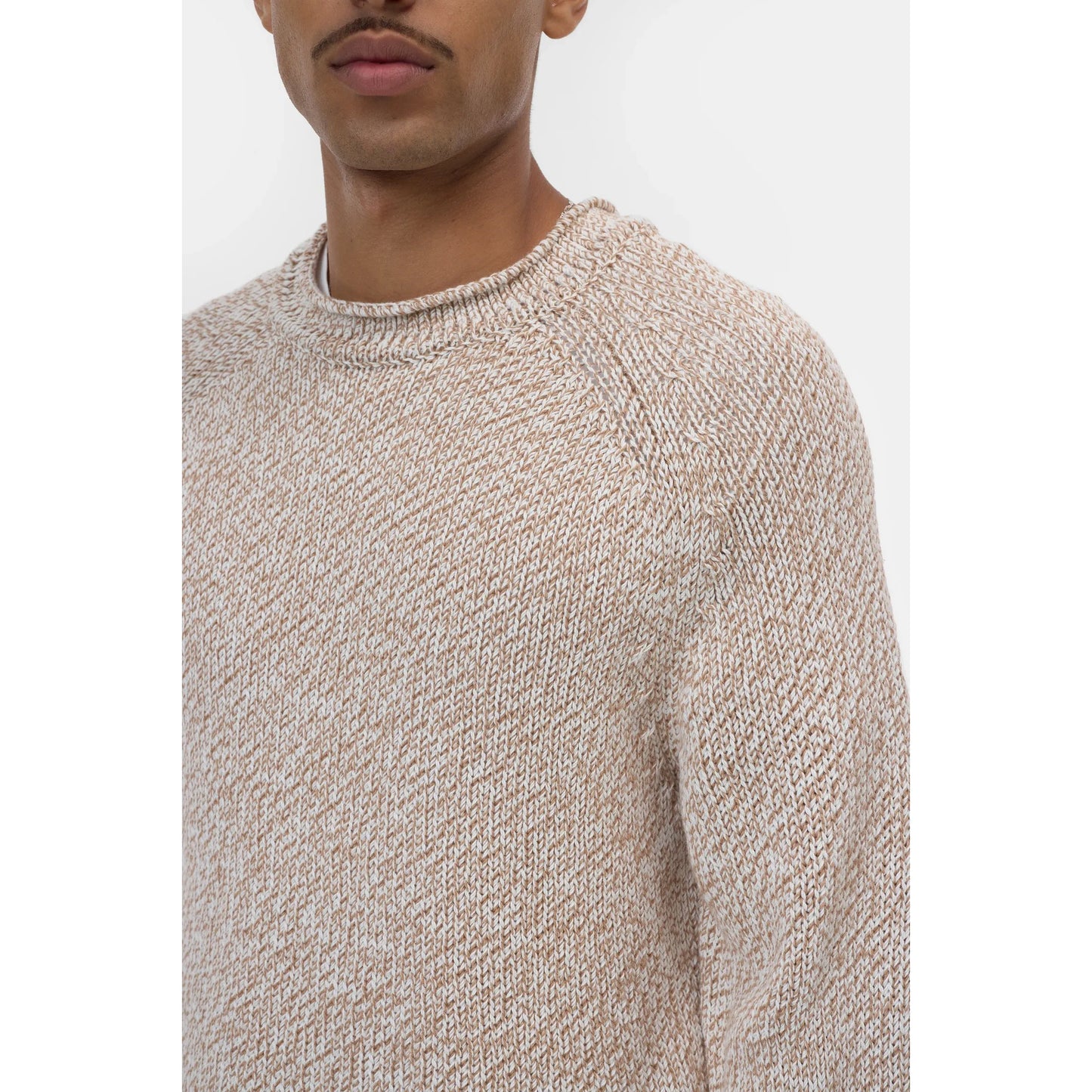 Men's Raw Edged Knit in Rock Beige by Closed Men's, showing close-up of textured knit fabric and raw edge detailing.
