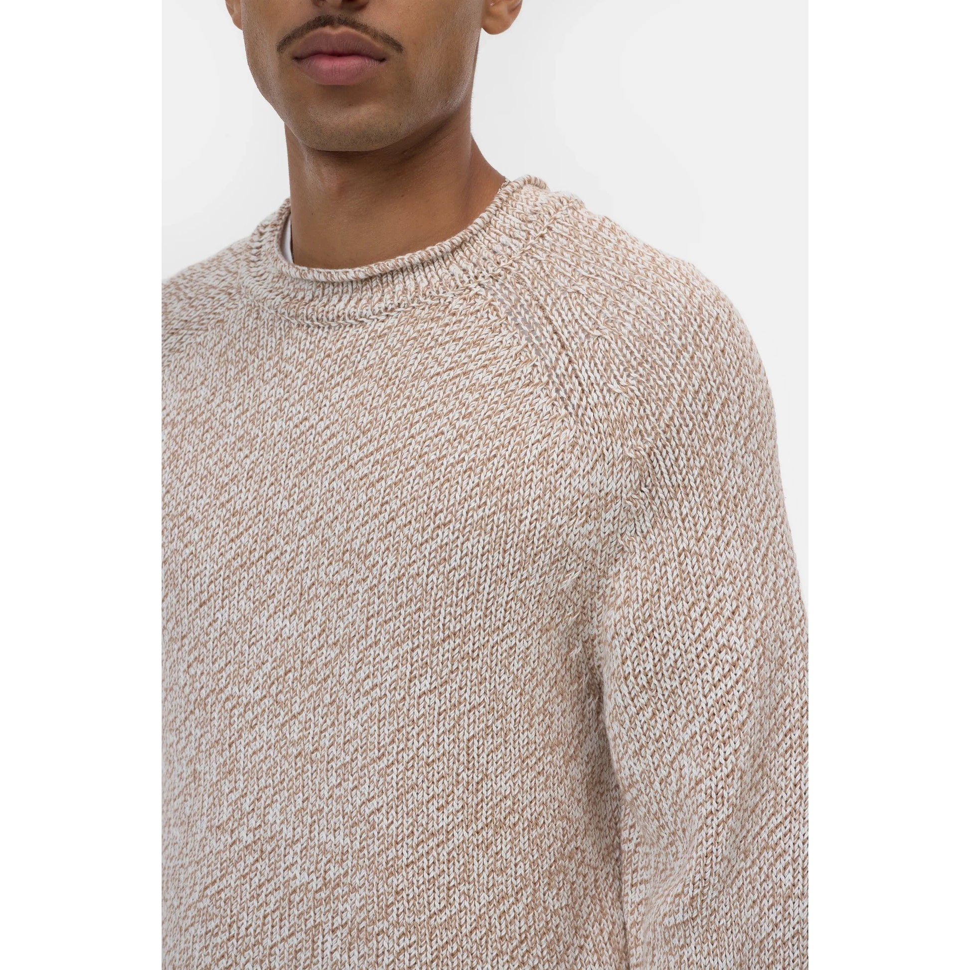Men's Raw Edged Knit in Rock Beige by Closed Men's, showing close-up of textured knit fabric and raw edge detailing.