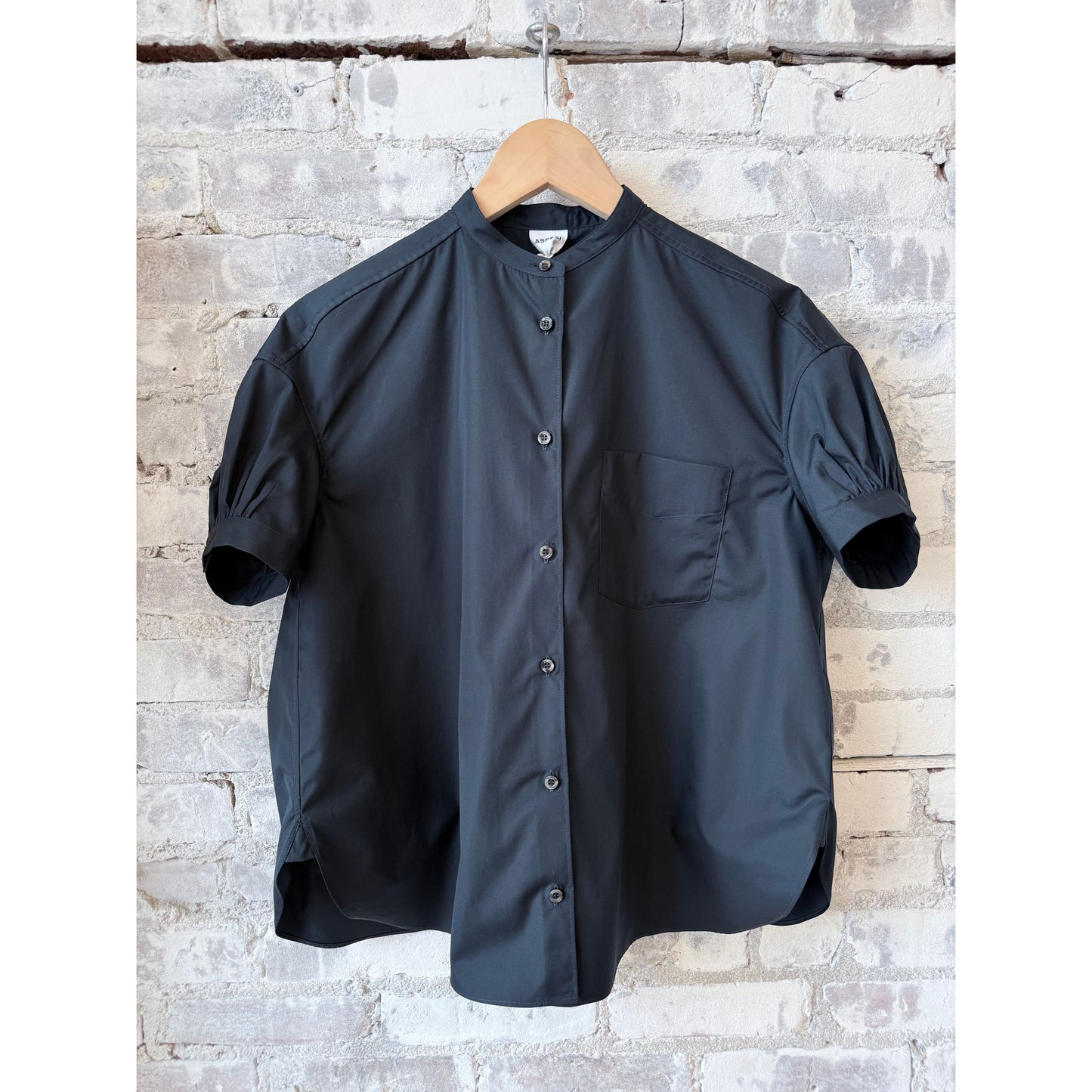 Mandarin Collar Cotton Poplin Shirt - Navy - DUNE + SALT