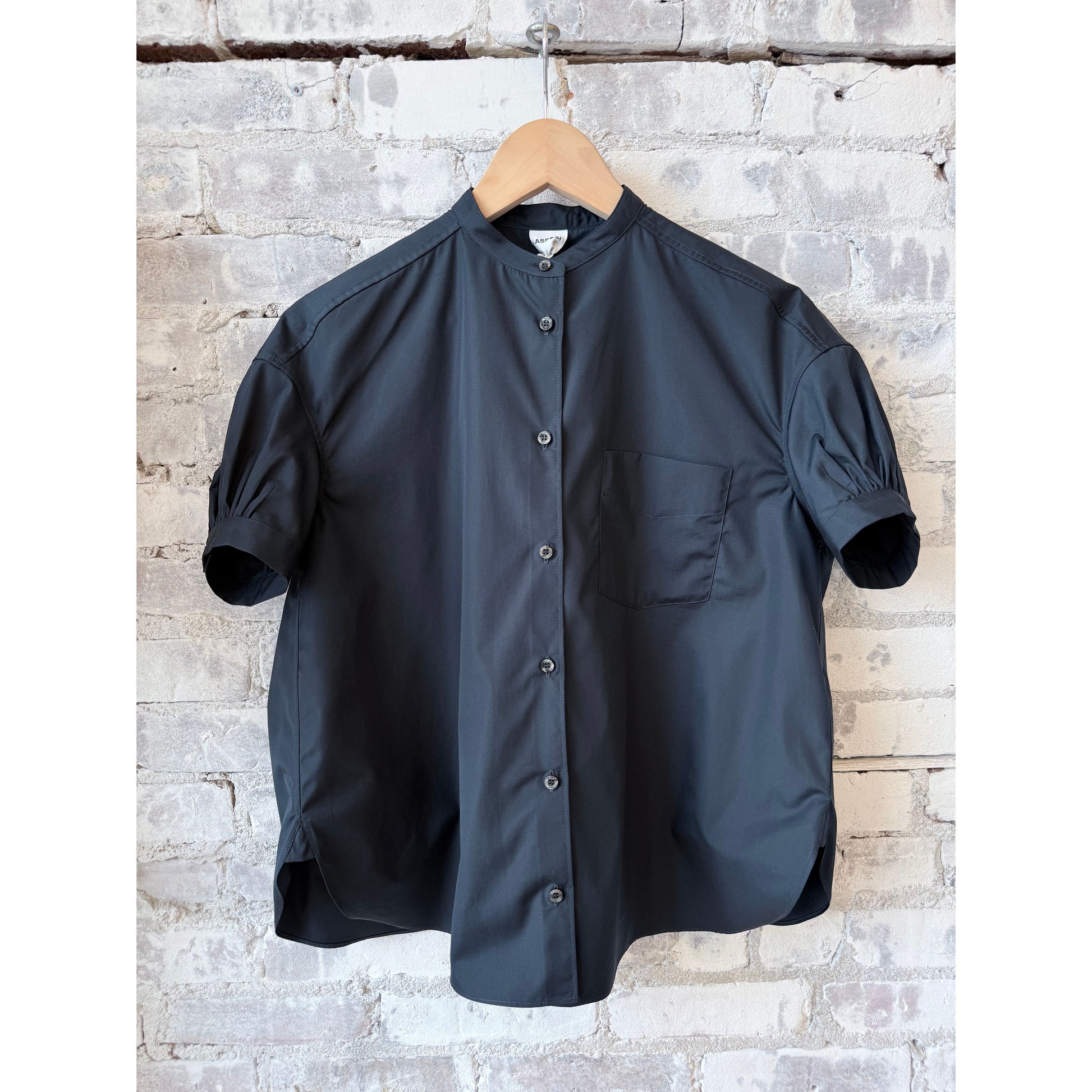 Mandarin Collar Cotton Poplin Shirt - Navy - DUNE + SALT