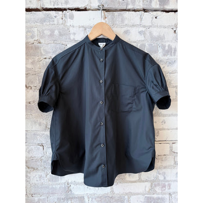 Mandarin Collar Cotton Poplin Shirt - Navy - DUNE + SALT