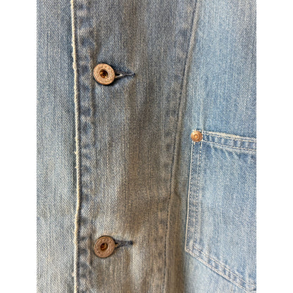Men's 9oz light indigo denim coveralls by H-Unit, used wash, with front pockets and adjustable straps visible in the image.