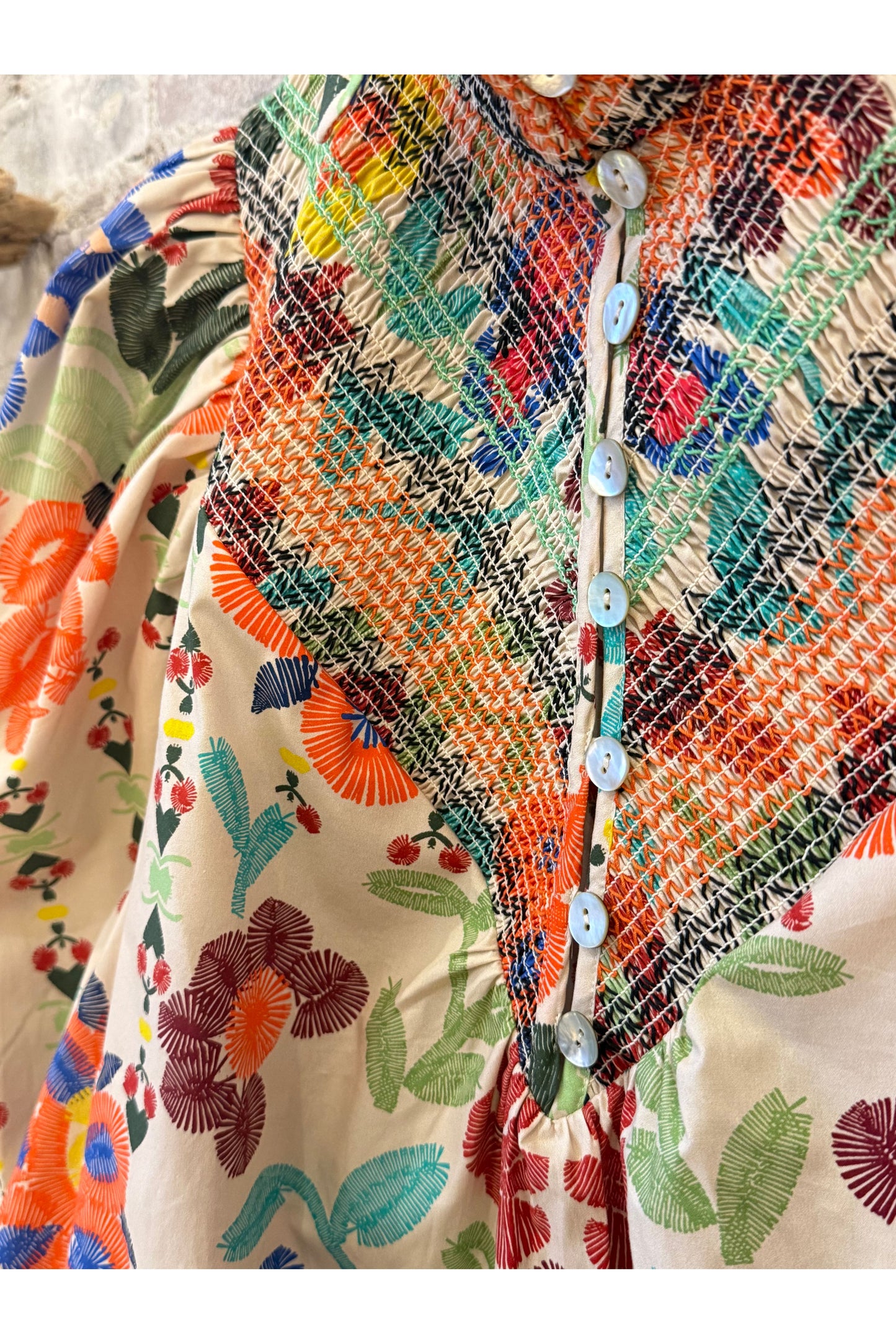 Smocked Shirt - Custard Embroidered Floral