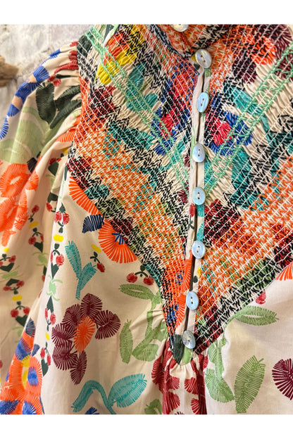 Smocked Shirt - Custard Embroidered Floral