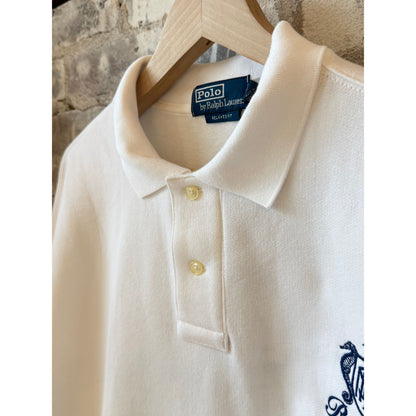 Men's Polo RL Island Fleece graphic print polo sweatshirt in white, featuring a casual fleece fabric with colorful island-themed design.